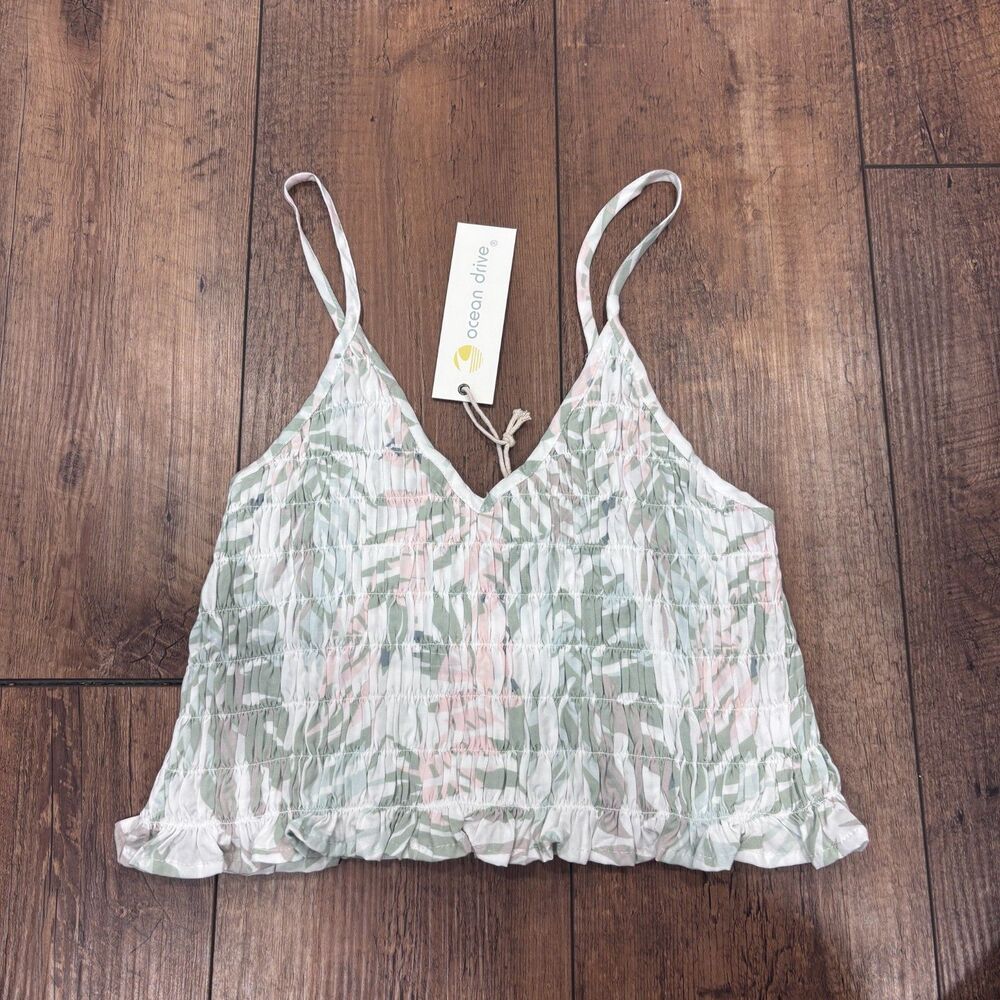 NWT Ocean Drive Women's M Floral Smocked Crop Cami Top Pastel Y2K Fairy Boho - Picture 3 of 8